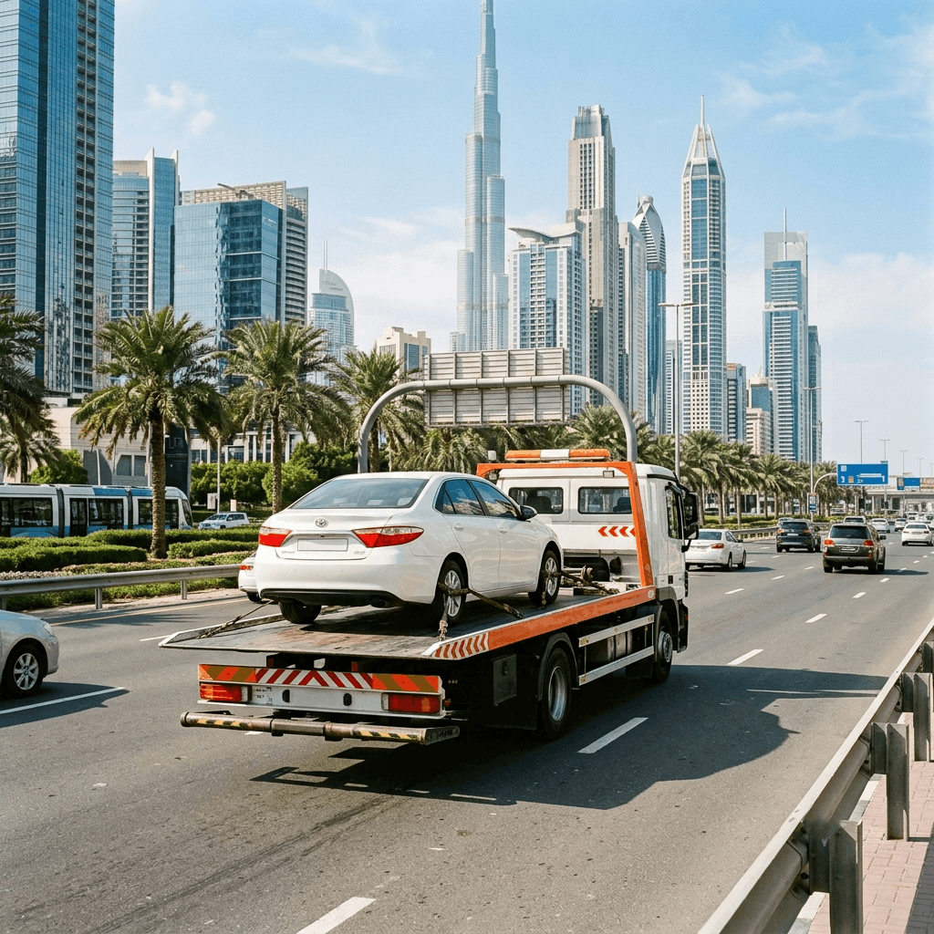 Car loaded on a recovery flatbed on a Dubai highway