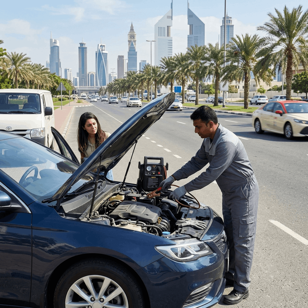 Technician jump-starting a car on a Dubai roadside